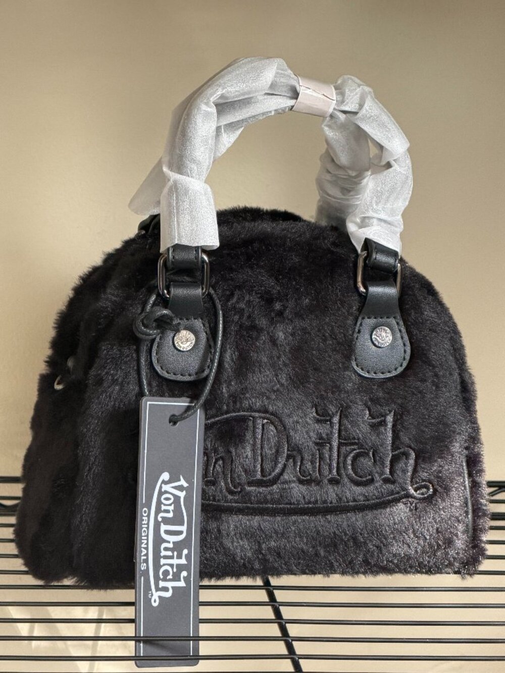 Von Dutch NWT Black Fur Mini Satchel Bag in Brown